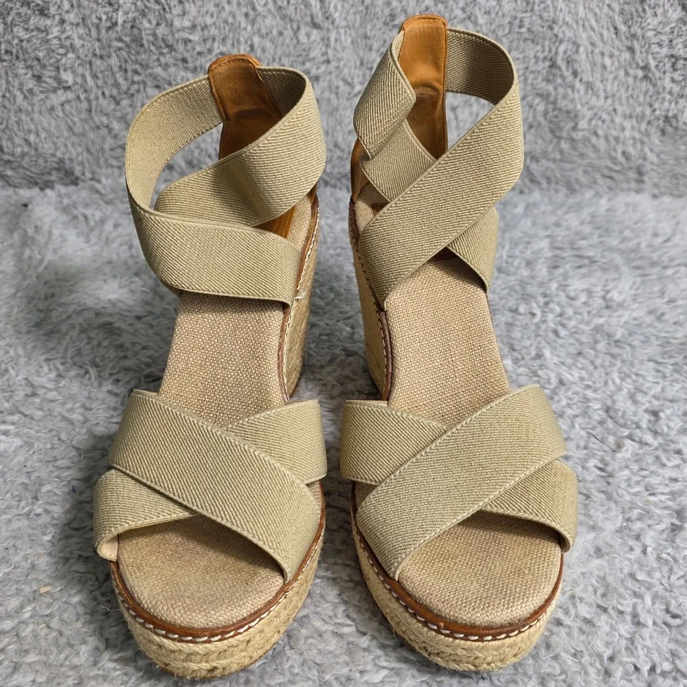 Tory Burch Frieda Espadrille Wedge‎ Sandals Beige Ankle Strap Women 7.5M NEW